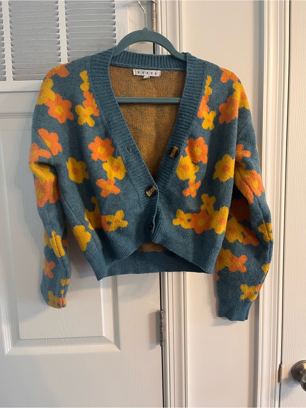 Hyfve Blue Floral Button-Front Cropped Cardigan Sweater